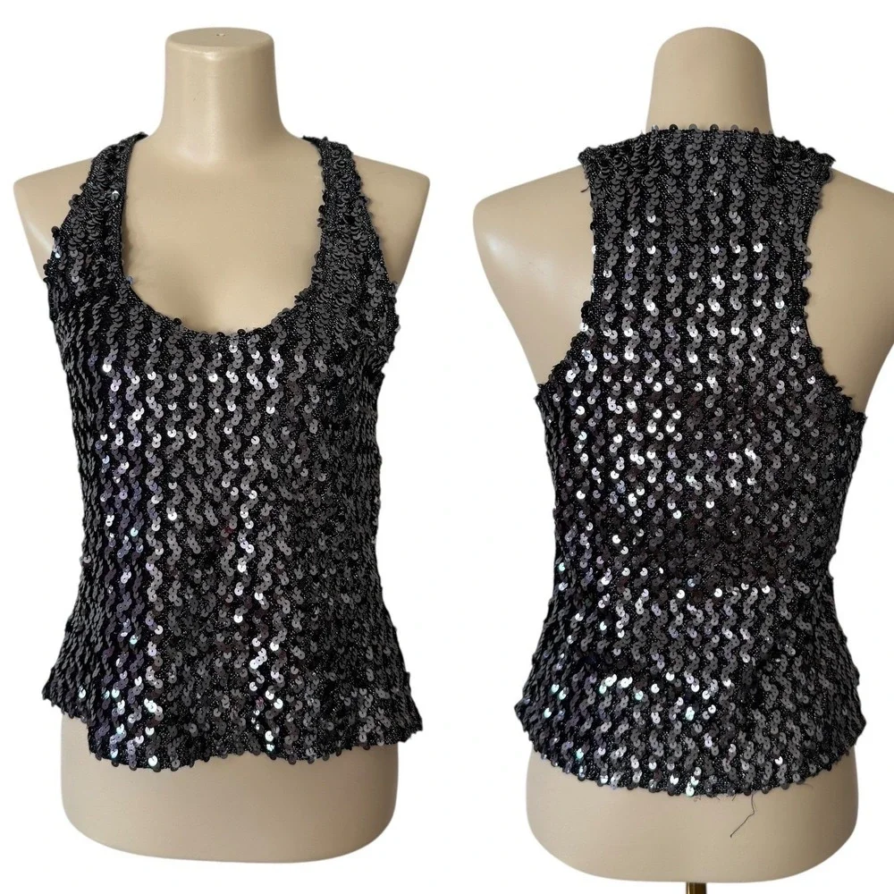 VTG Sparkly Sequin Halter Top M Sleeveless Glittery Party Night Club Disco Y2K - Picture 3 of 15